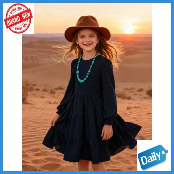 Girls Long Sleeve Boho Party Dress with Pockets Tiered Smocked - Picture 4 of 8